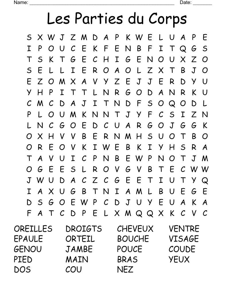 Les Parties du Corps Word Search