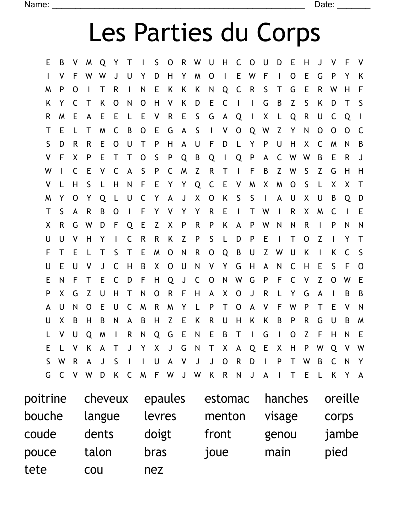 Les Parties du Corps Word Search