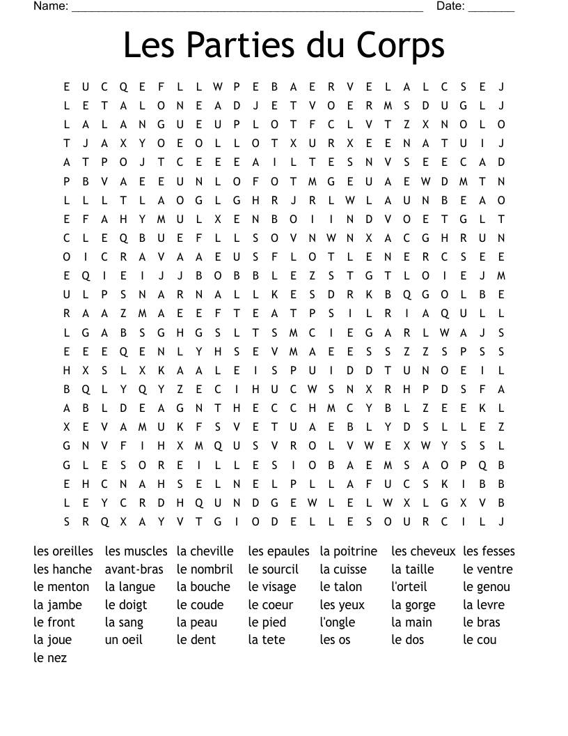 Les Parties du Corps Word Search