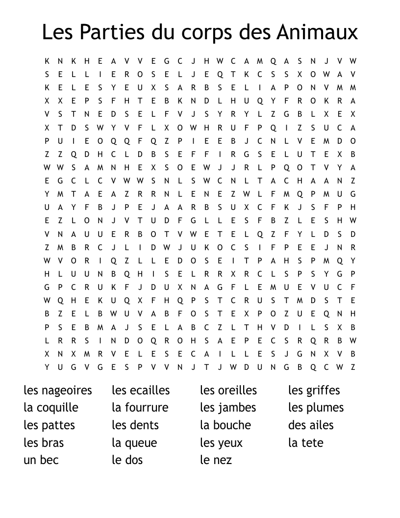 Les Parties du corps des Animaux Word Search