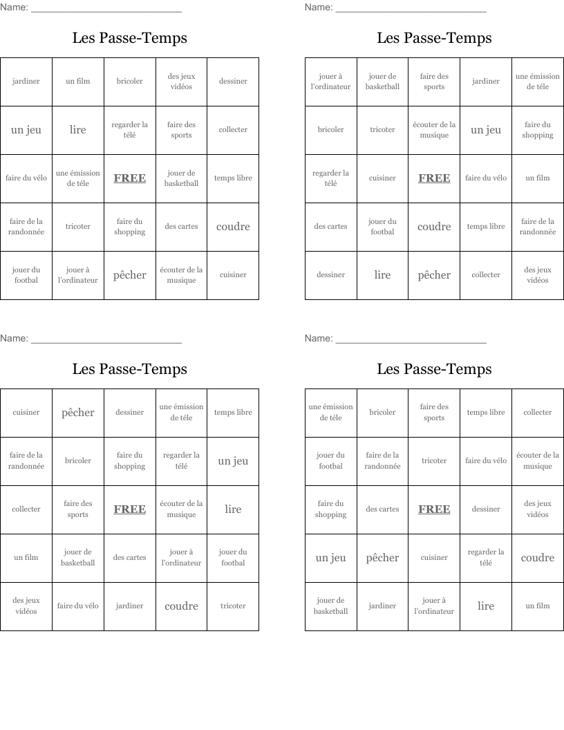 Les Passe-Temps Bingo Cards
