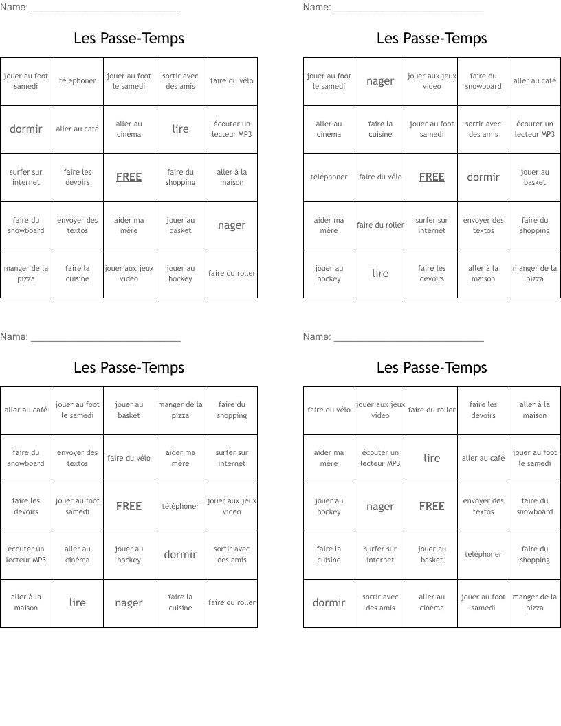 Les Passe-Temps Bingo Cards