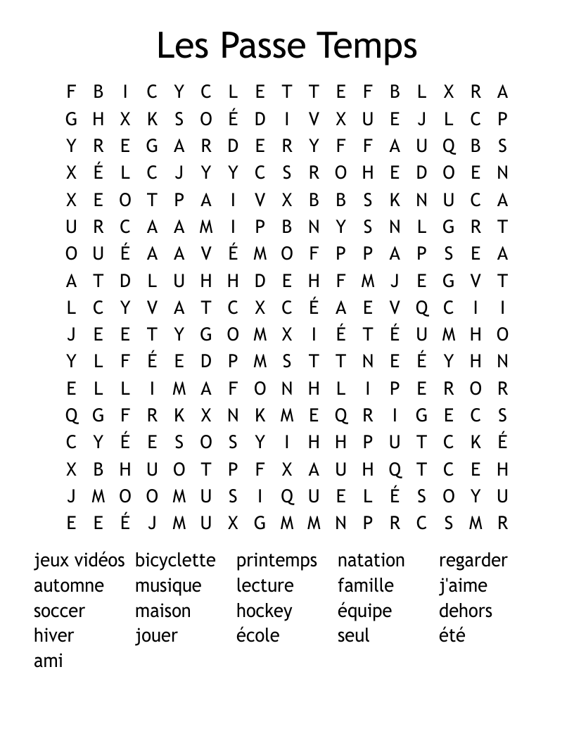 Les Passe Temps Word Search