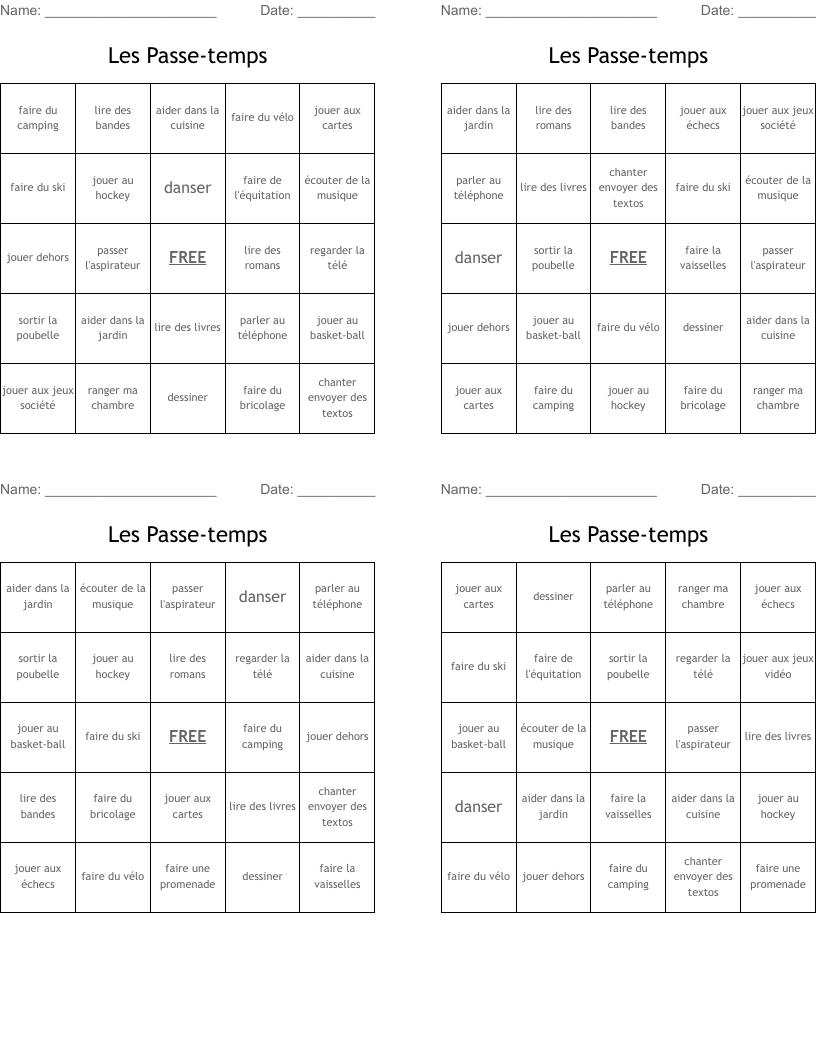 Les Passe-temps Bingo Cards