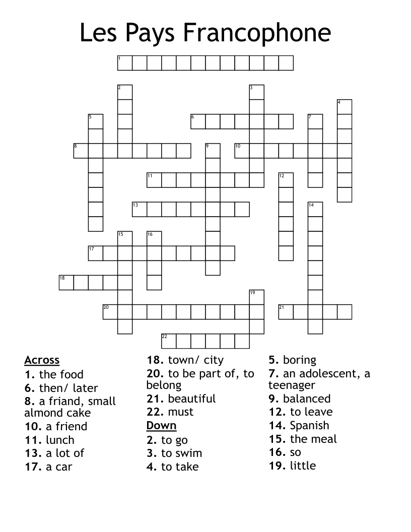 Les Pays Francophone   Crossword