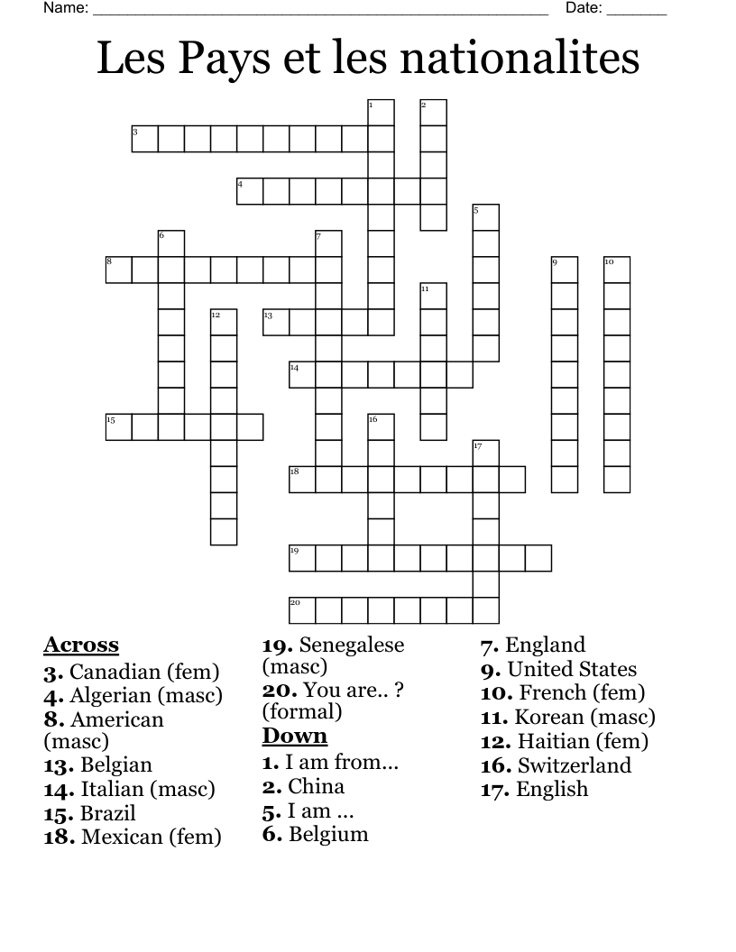 Les Pays et les nationalites Crossword