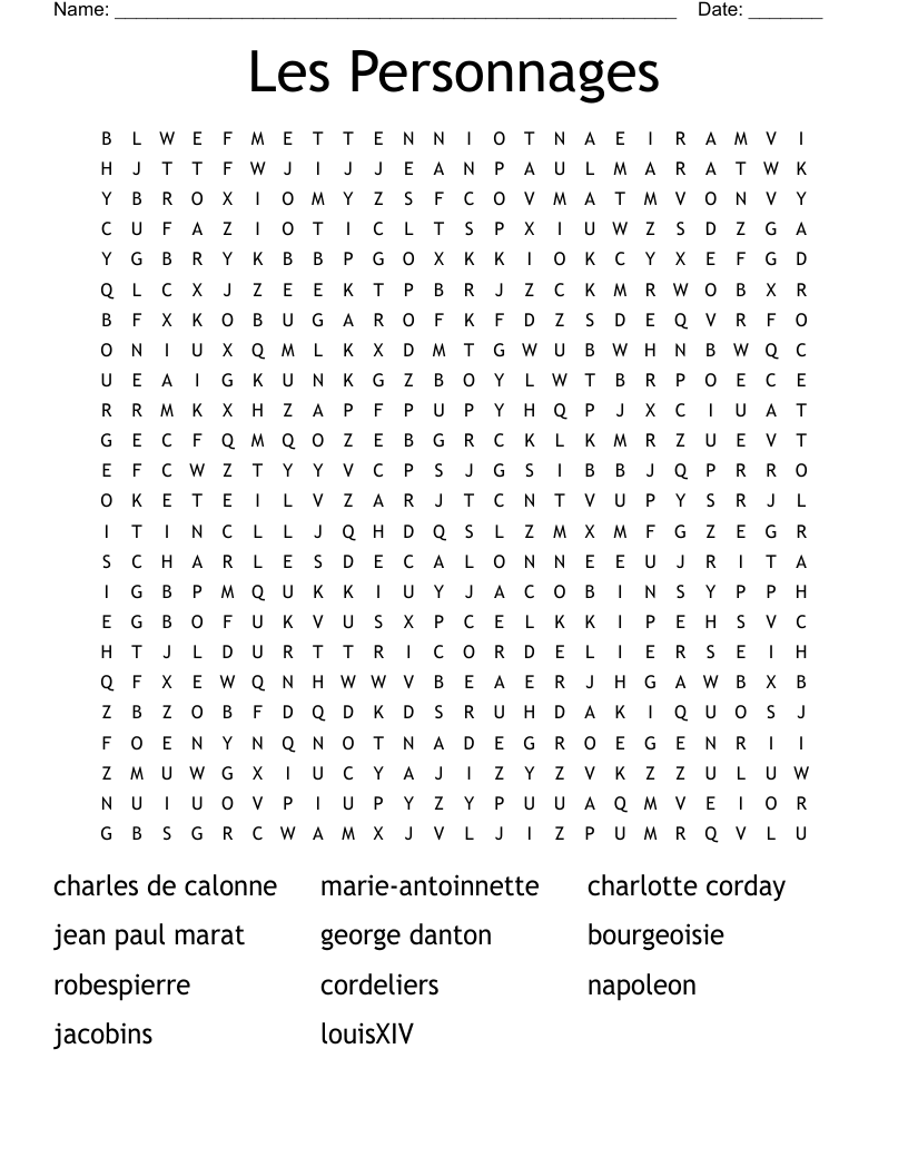 Les Personnages Word Search