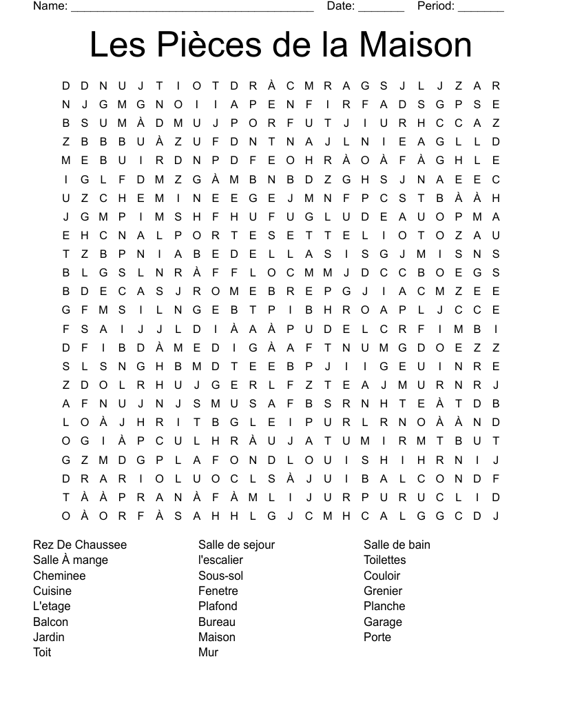 Les Pièces de la Maison Word Search