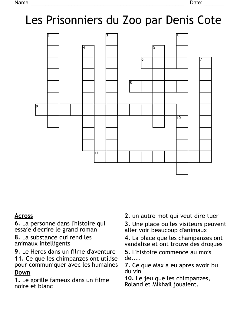 Les Prisonniers du Zoo par Denis Cote Crossword