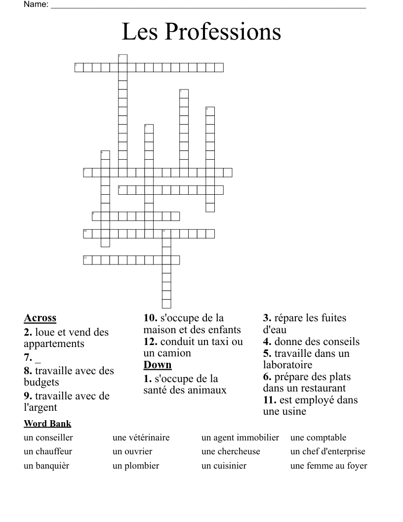 Les Professions Crossword