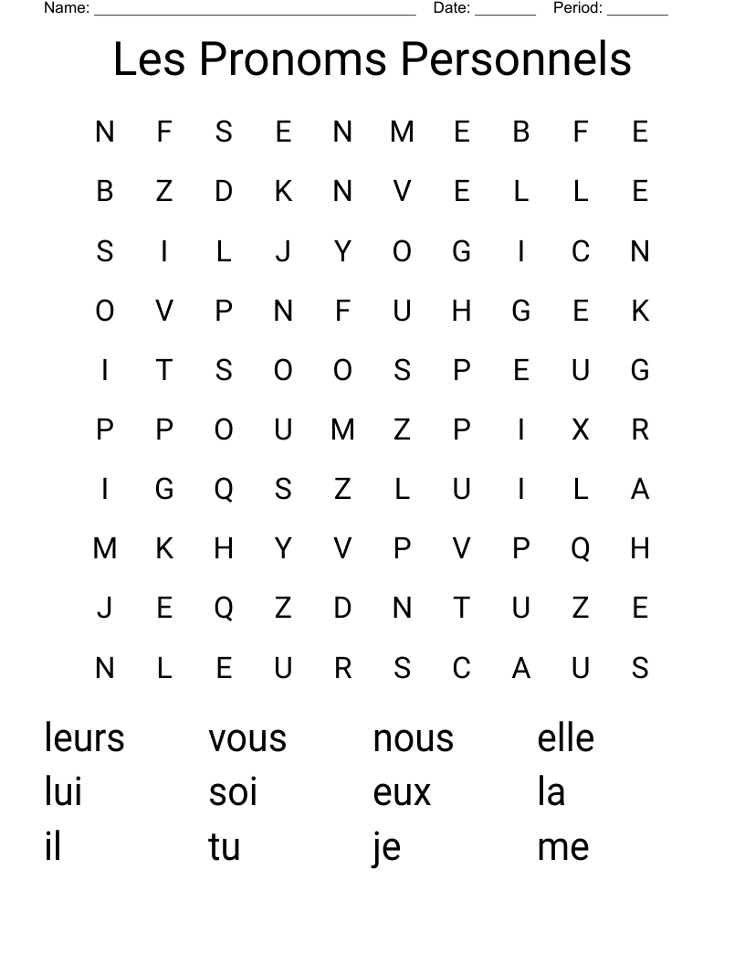 Les Pronoms Personnels Word Search