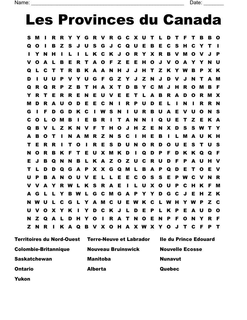 Les Provinces du Canada Word Search