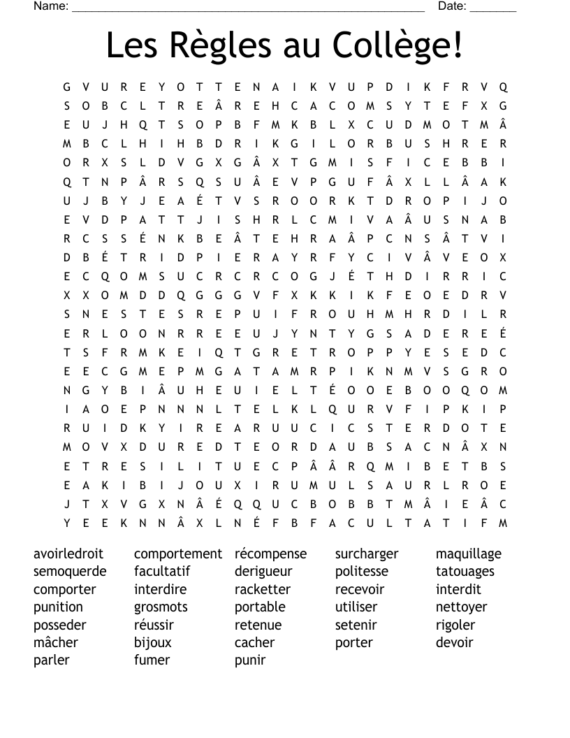 Les Règles au Collège! Word Search