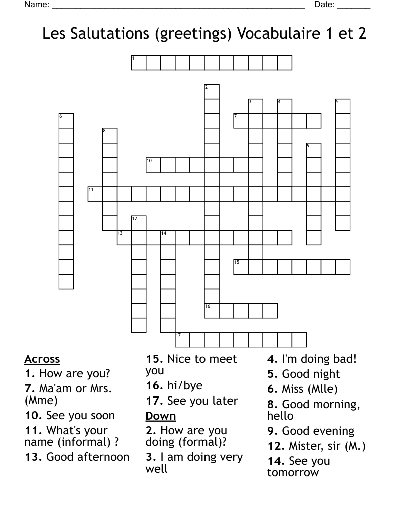 Les Salutations (greetings) Vocabulaire 1 et 2 Crossword
