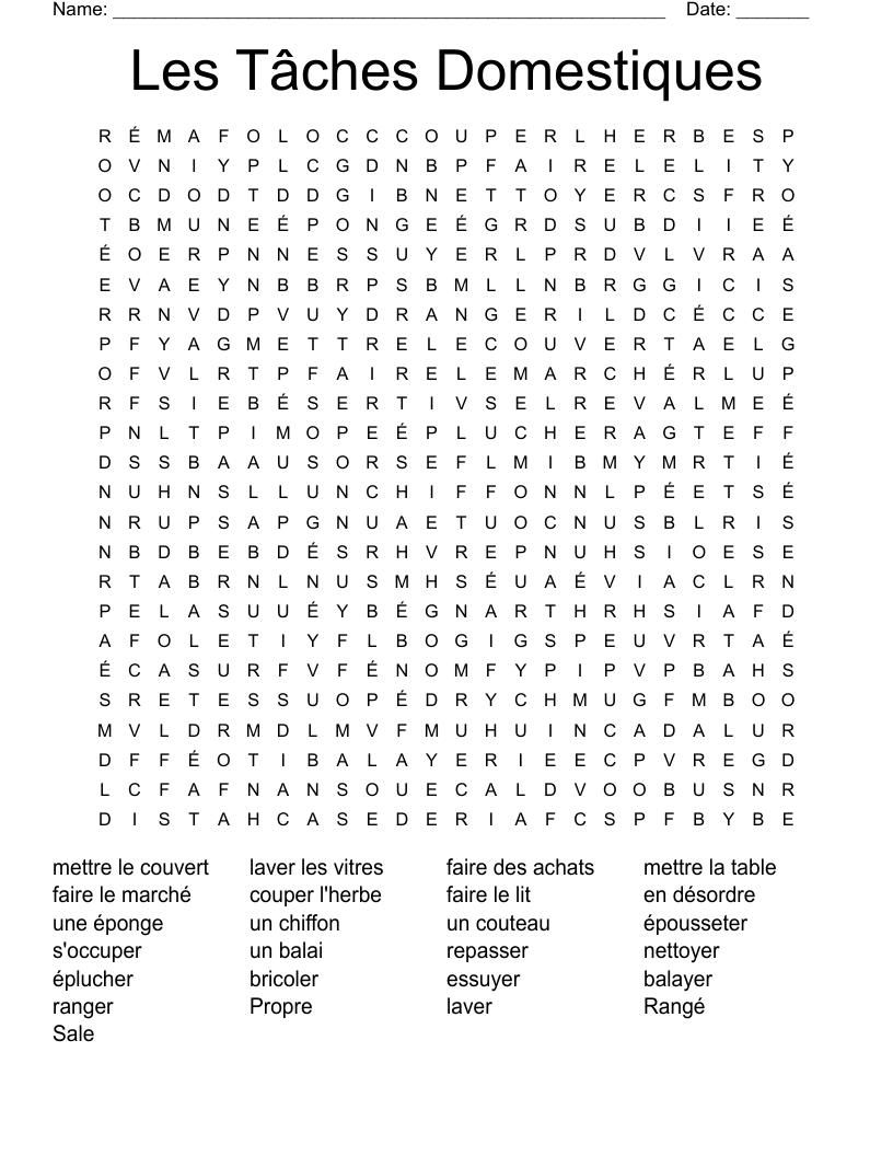 Les Tâches Domestiques Word Search