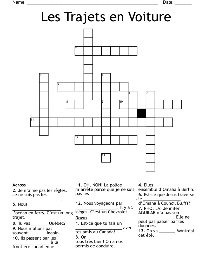 Les Trajets en Voiture Crossword