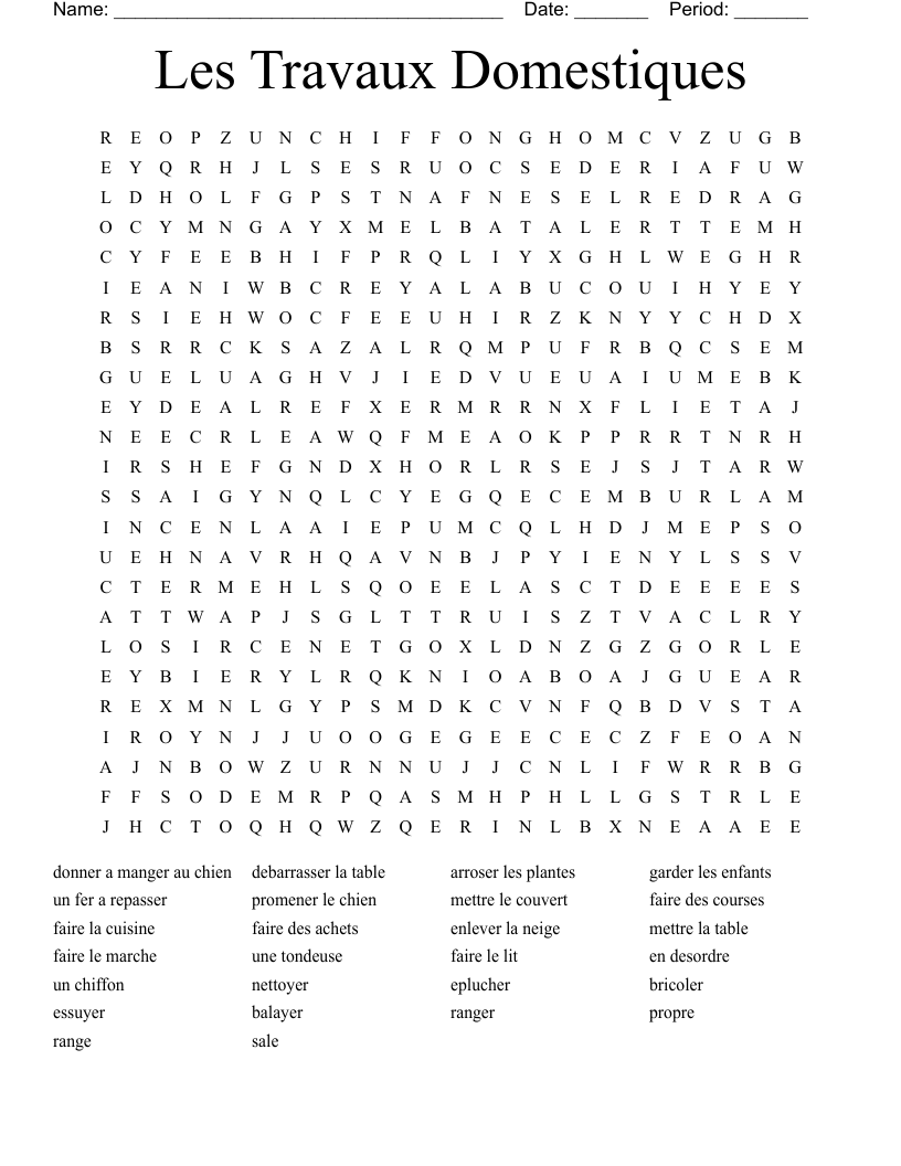 Les Travaux Domestiques Word Search