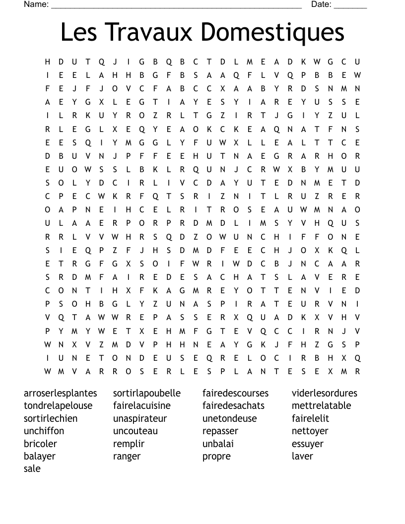 Les Travaux Domestiques Word Search