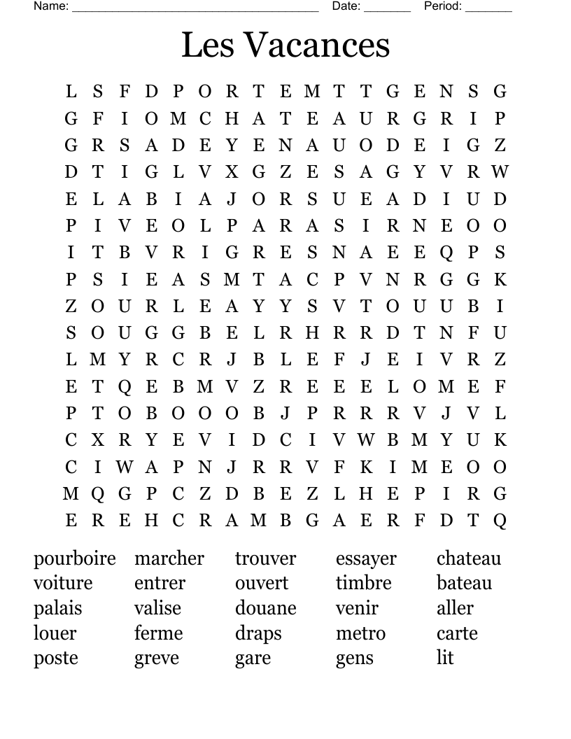 Les Vacances Word Search