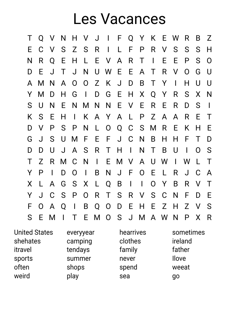 Les Vacances Word Search