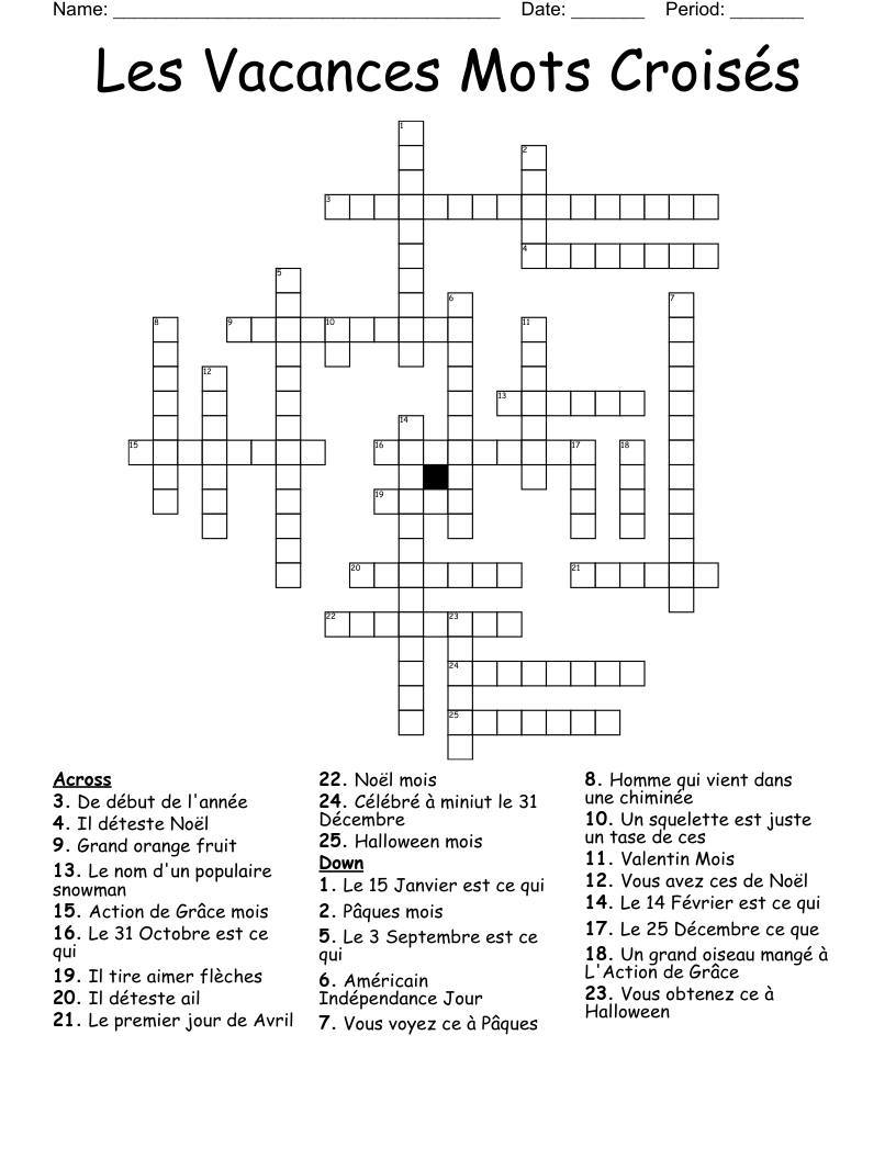 Les Vacances Mots Croisés Crossword