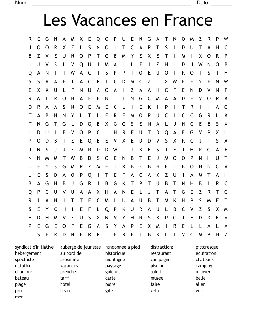 Les Vacances en France Word Search