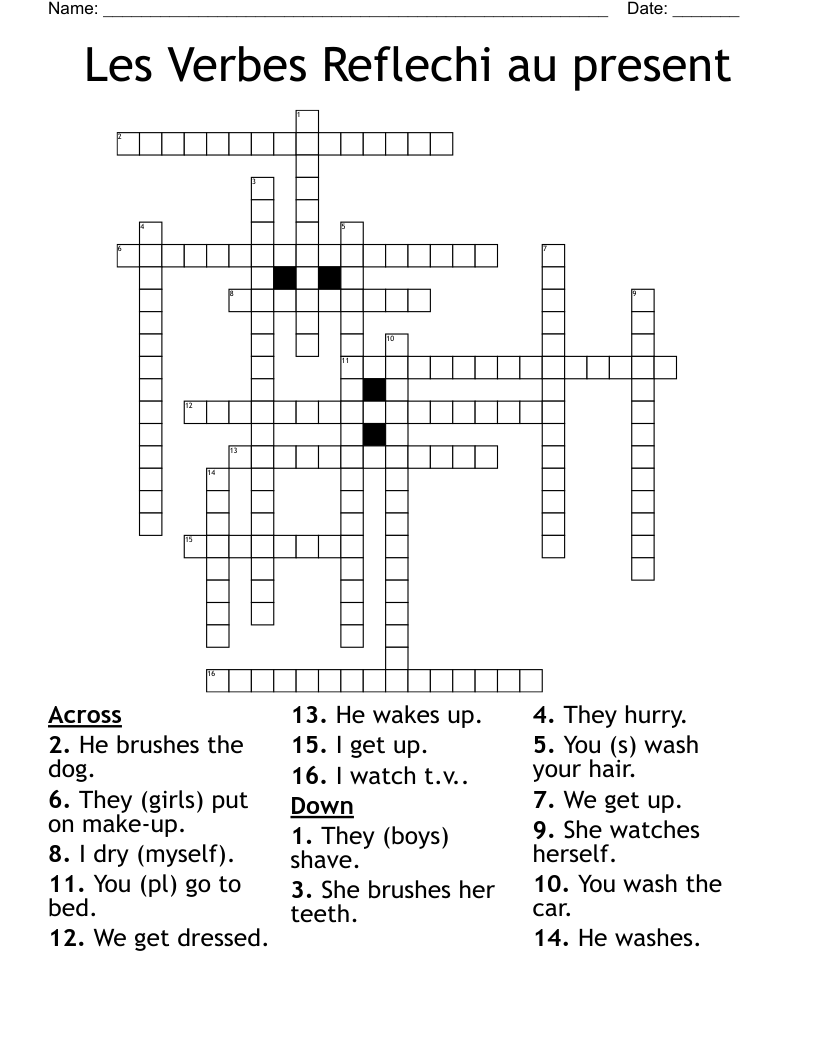Les Verbes Reflechi au present Crossword