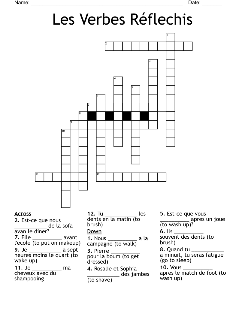 Les Verbes Réflechis Crossword
