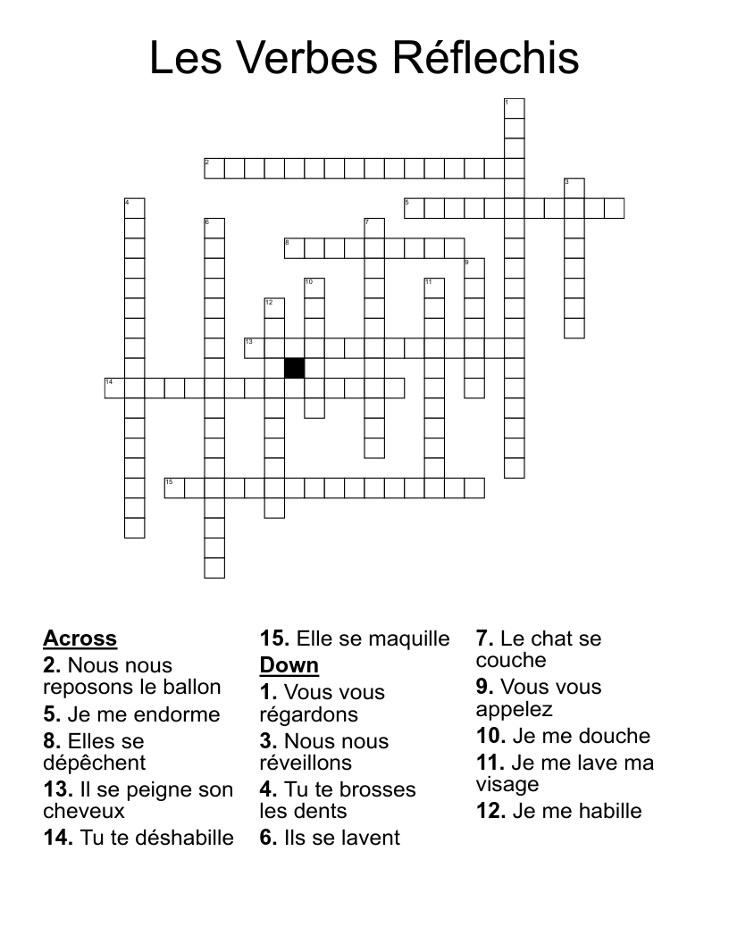 Les Verbes Réflechis Crossword