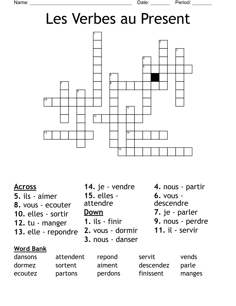 Les Verbes au Present Crossword