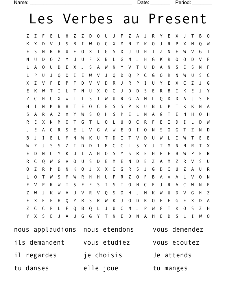Les Verbes au Present  Word Search
