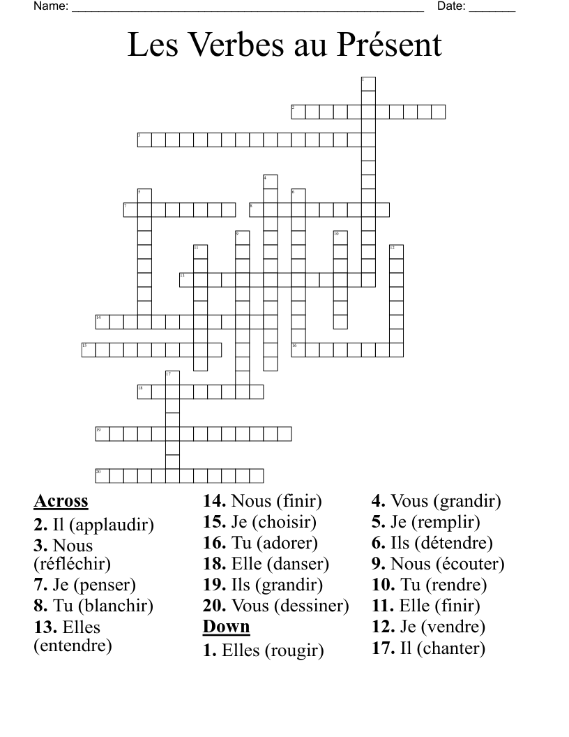 Les Verbes au Présent Crossword