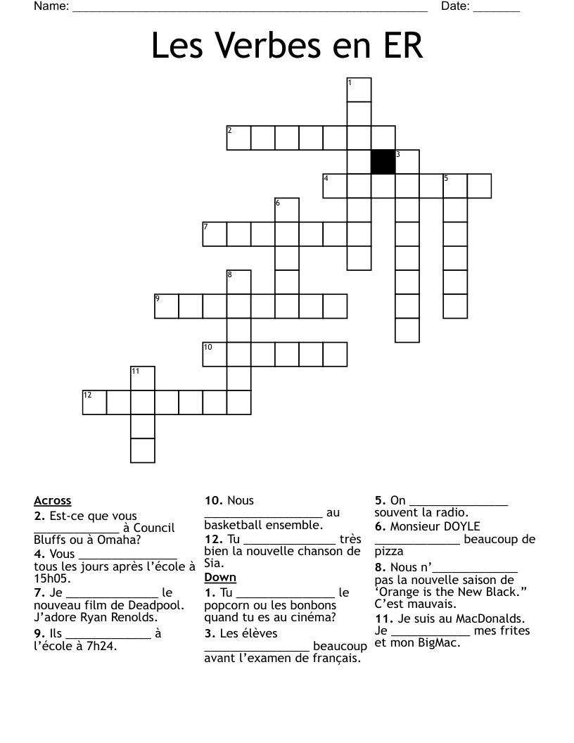 Les Verbes en ER Crossword