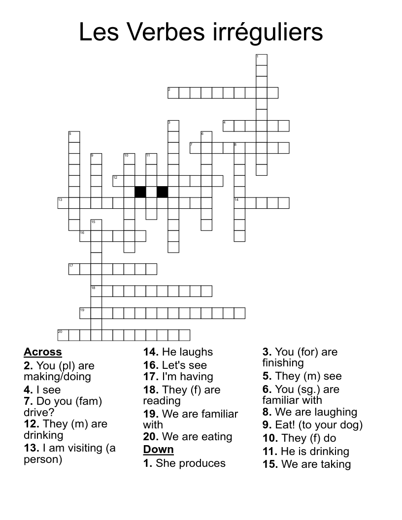 Les Verbes irréguliers Crossword