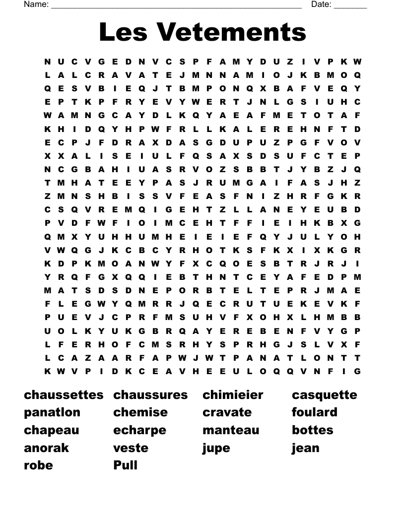 Les Vetements Word Search