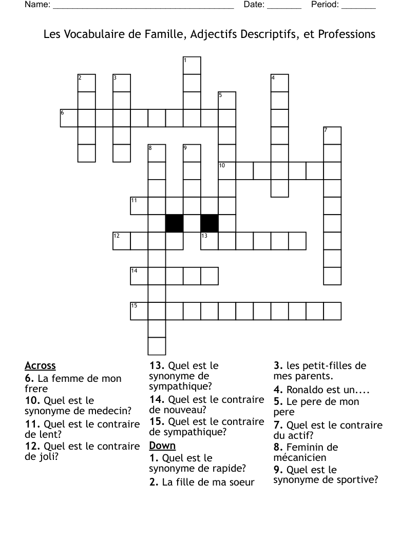 Les Vocabulaire de Famille, Adjectifs Descriptifs, et Professions Crossword