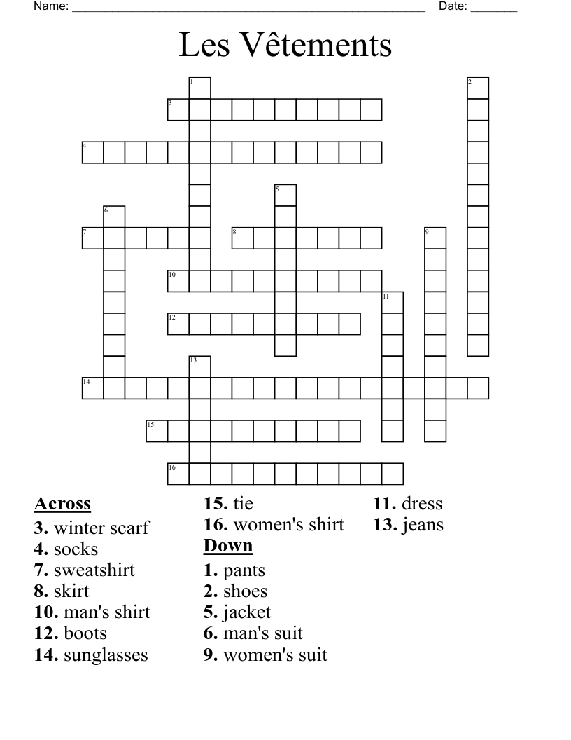 Les Vêtements Crossword