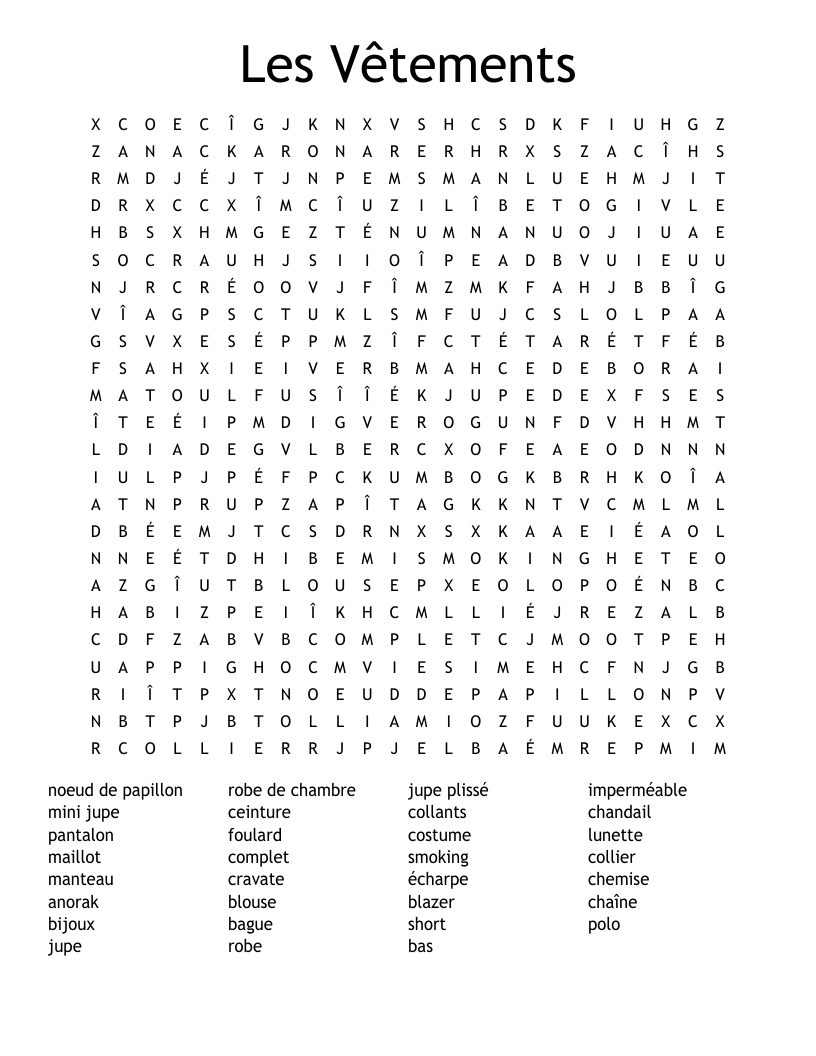 Les Vêtements Word Search