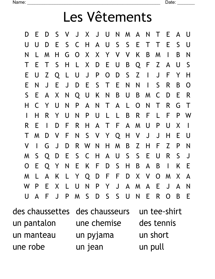 Les Vêtements  Word Search