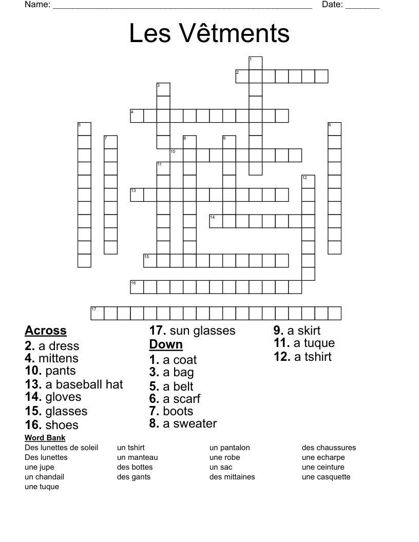 Les Vêtments Crossword