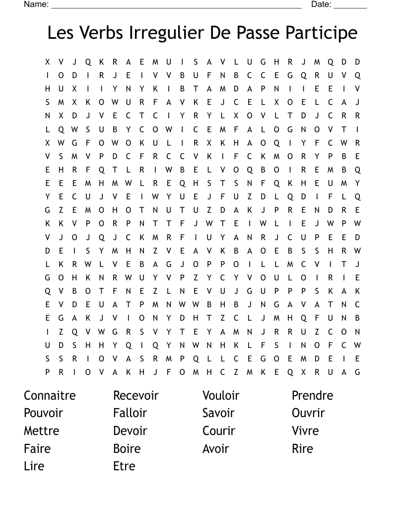 Les  Verbs Irregulier De Passe Participe  Word Search