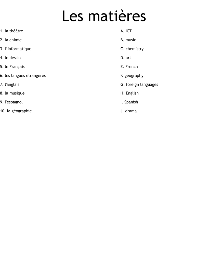 Les  matières Worksheet