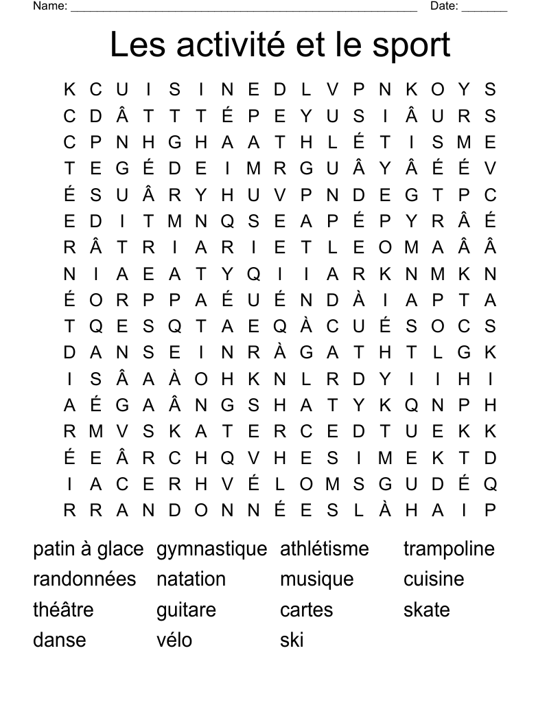 Les activité et le sport Word Search