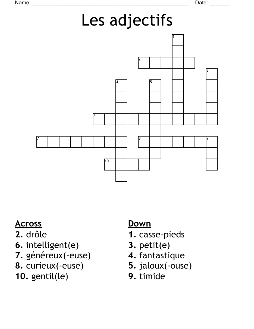 Les adjectifs Crossword