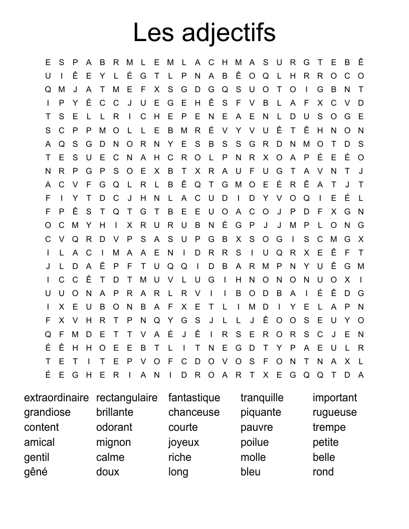 Les adjectifs Word Search