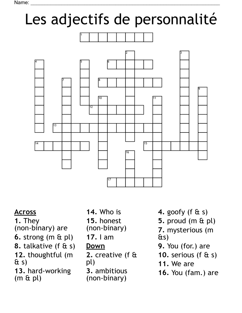 Les adjectifs de personnalité Crossword
