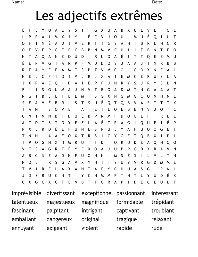 Les adjectifs extrêmes Word Search