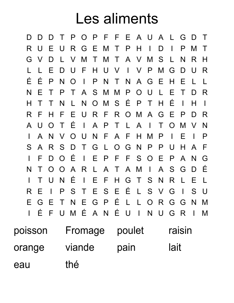 Les aliments Word Search