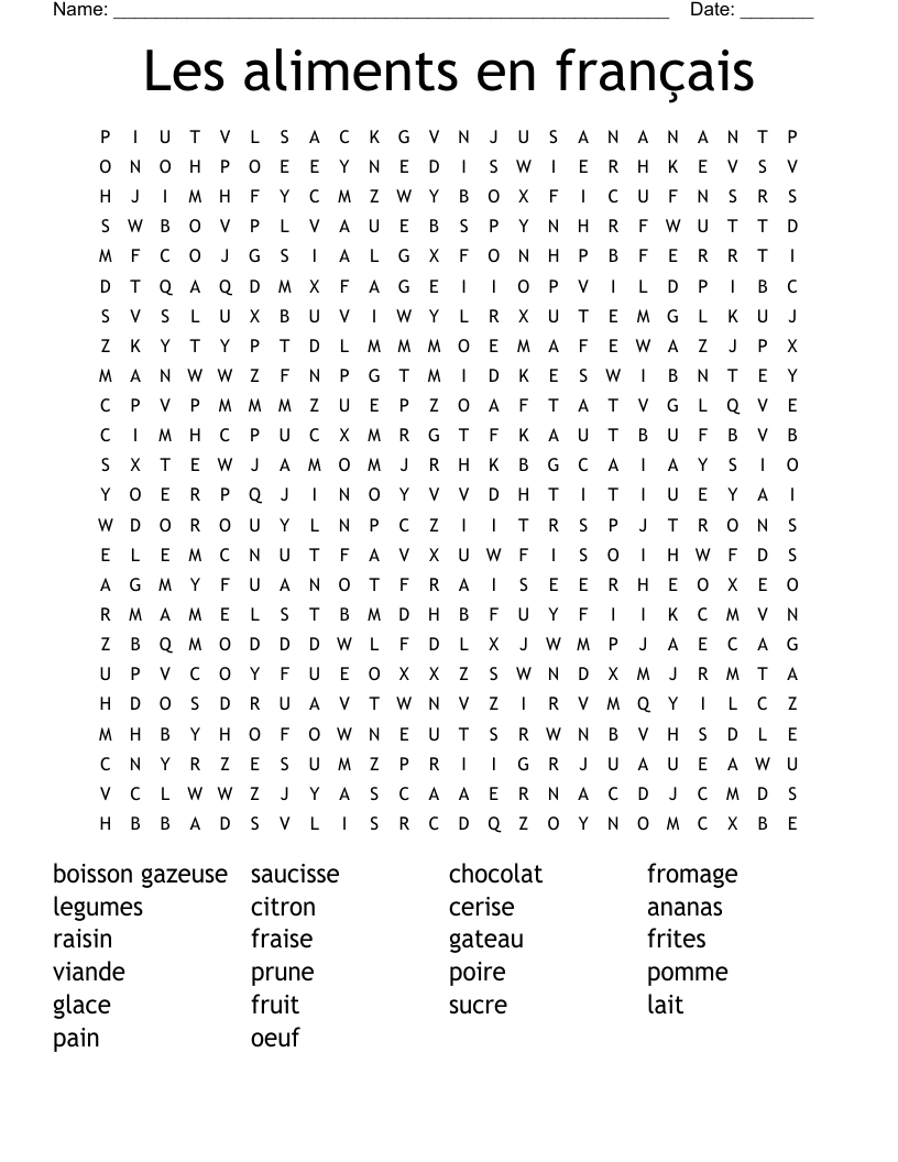 Les aliments en français Word Search
