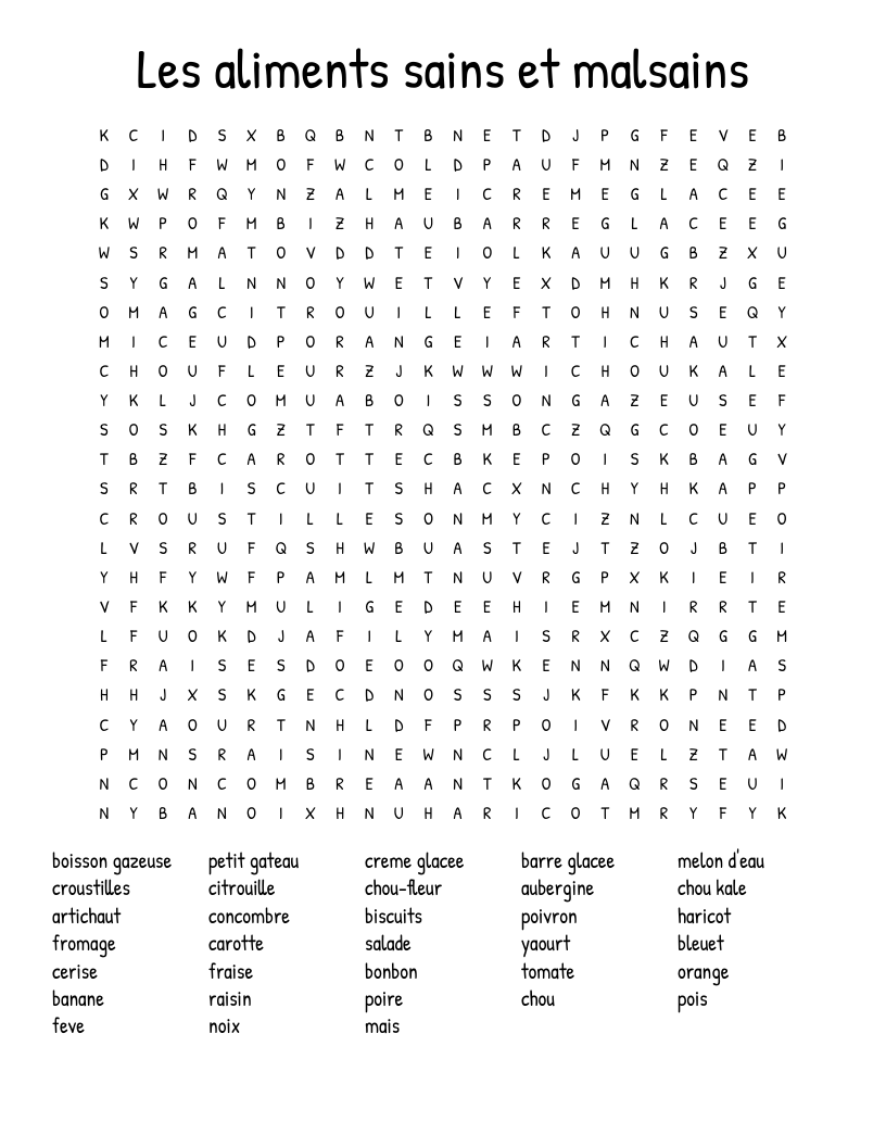 Les aliments sains et malsains Word Search